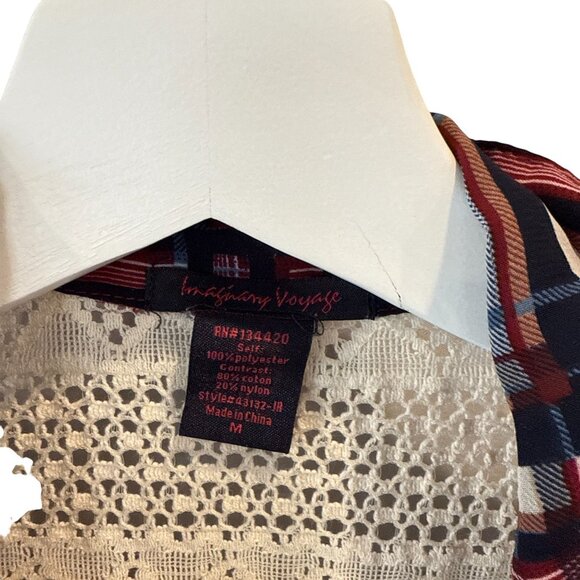 Imaginary Voyage Plaid Lace Drape Front Blouse Red Sheer M Western Cottage - Picture 3 of 8